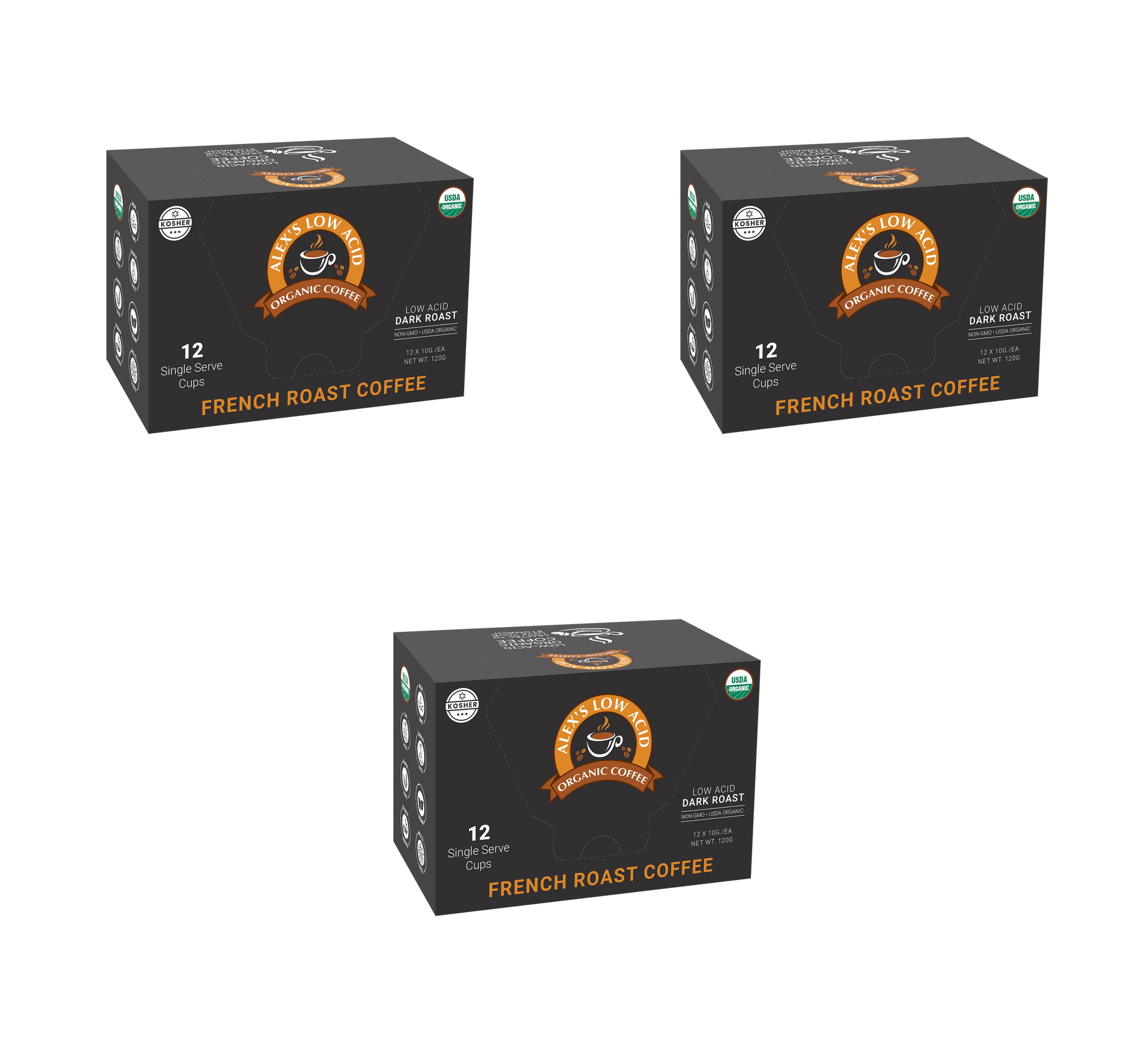 Three boxes of Alex's Low-Acid Organic Coffee™ Single Serve Cups - French Roast, each with 12 pods, are displayed on a white background. The black boxes feature orange and white branding and a coffee cup logo from Alex's Low Acid Coffee.