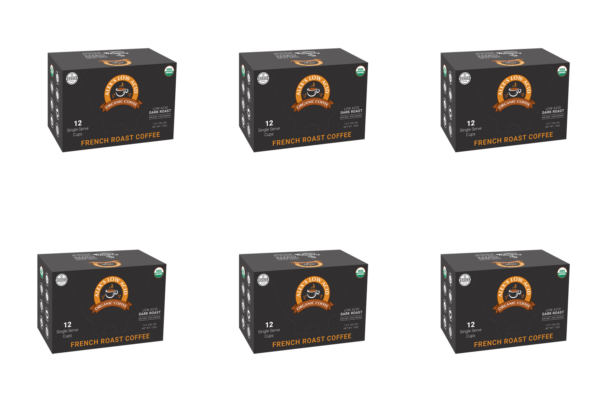 Six boxes of Alex’s Low-Acid Organic Coffee™ Single Serve Cups - French Roast by Alex's Low Acid Coffee are arranged in two rows of three. The black boxes display orange and white labels with a coffee cup logo and contain 12 low-acid cups each.