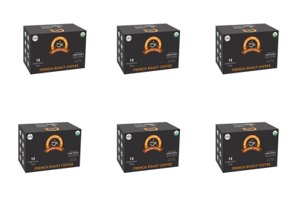 Six boxes of Alex’s Low-Acid Organic Coffee™ Single Serve Cups - French Roast by Alex's Low Acid Coffee are arranged in two rows of three. The black boxes display orange and white labels with a coffee cup logo and contain 12 low-acid cups each.