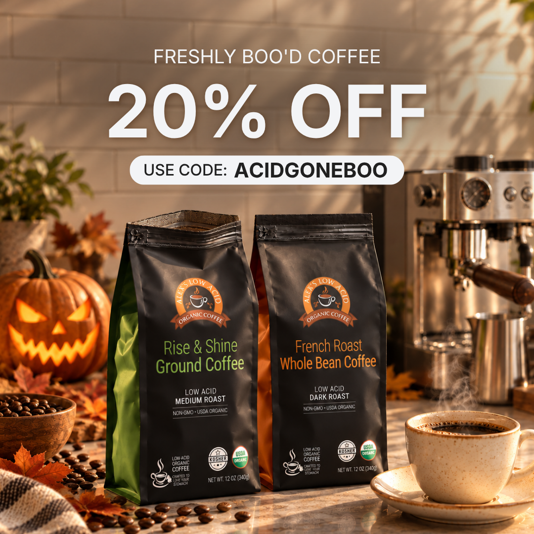 Two bags of coffee, labeled "Rise & Shine Ground Coffee" and "French Roast Whole Bean Coffee," sit on a countertop with a pumpkin and coffee beans, promoting a 20% discount with a code.