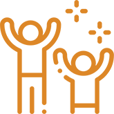 Orange line drawing of two joyful figures, one tall and one shorter, raising their arms with sparkling shapes above them, suggesting celebration or happiness.