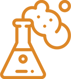 An orange line drawing of a laboratory flask with bubbles and vapor rising from its top, representing a science experiment or chemical reaction.