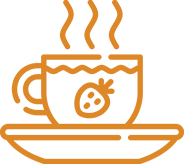 Orange line drawing of a steaming teacup on a saucer, with a strawberry illustration on the side of the cup.