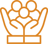 Orange outline of two hands cradling three simplified human figures, symbolizing care, protection, or community support.
