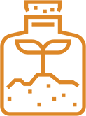 An orange outline of a bottle with a sprouting plant and soil inside, symbolizing growth or sustainability within a container.