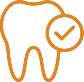 Orange outline of a tooth with a check mark inside a circle overlapping the top right corner, symbolizing dental health or approved dental care.
