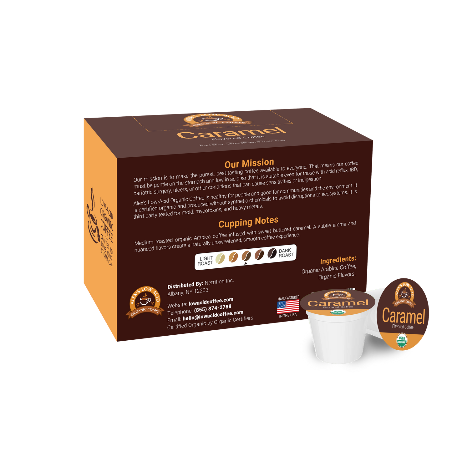 A box of Alex's Low Acid Organic Coffee™ Single Serve Flavored Cups - Caramel with mission, tasting notes, and ingredients text. In front are a pod and lid showing caramel flavor and branding in brown, orange, and white. Features low acid coffee.