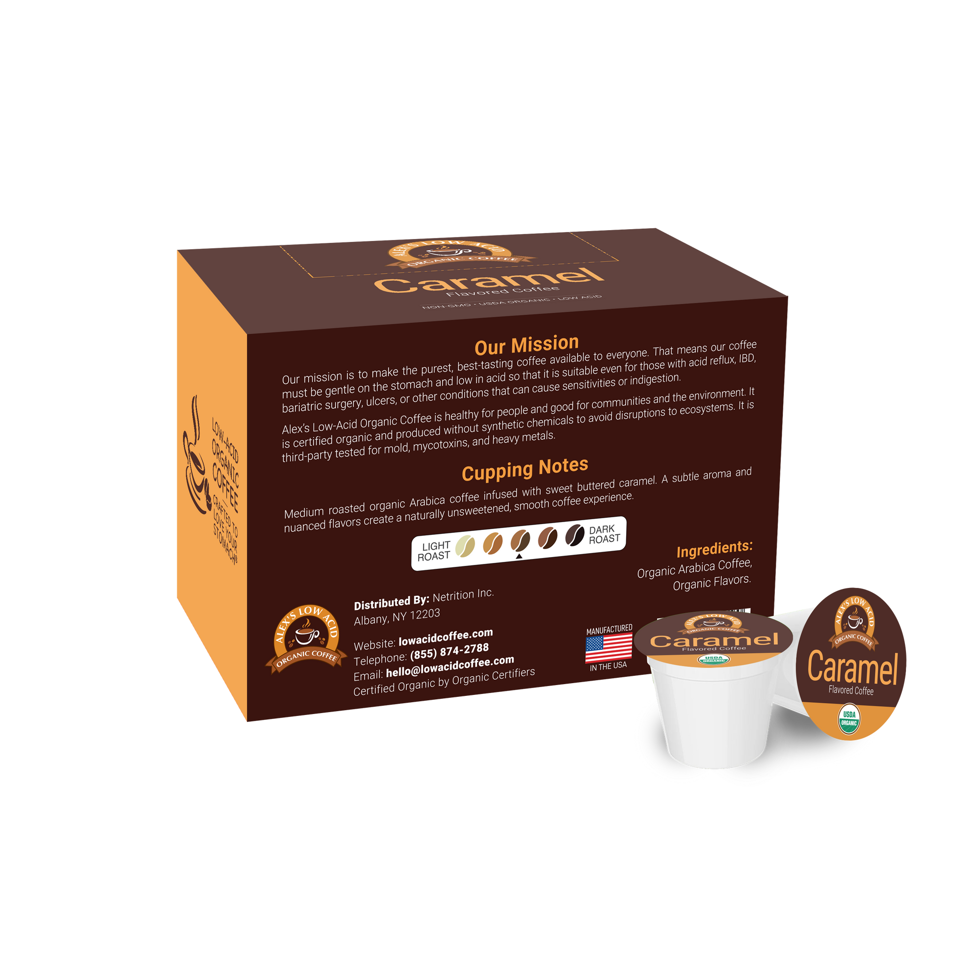 A box of Alex's Low Acid Organic Coffee™ Single Serve Flavored Cups - Caramel with mission, tasting notes, and ingredients text. In front are a pod and lid showing caramel flavor and branding in brown, orange, and white. Features low acid coffee.