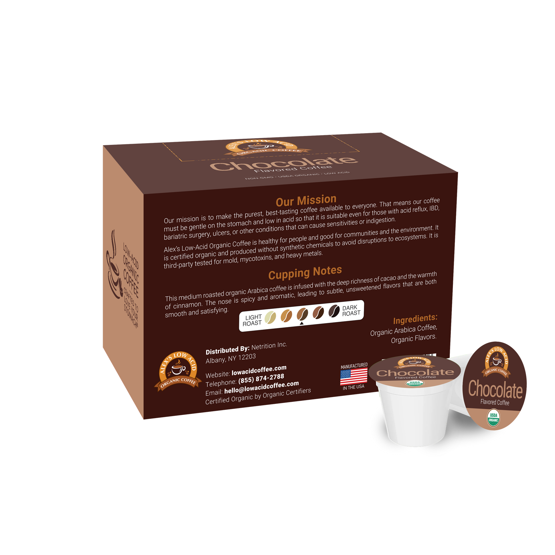 A brown box of Alex's Low Acid Organic Coffee™ Single Serve Flavored Cups - Chocolate sits with a pod in front, featuring low acid profile, cupping notes, ingredients, company info, and roast level indicators from Alex's Low-Acid Organic Coffee.