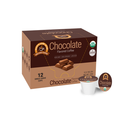 A box of Alex’s Low Acid Organic Coffee™ Single Serve Flavored Cups - Chocolate by Alex's Low-Acid Organic Coffee features 12 pods in brown packaging with chocolate pieces, coffee pods, and organic, non-GMO, and kosher labels.