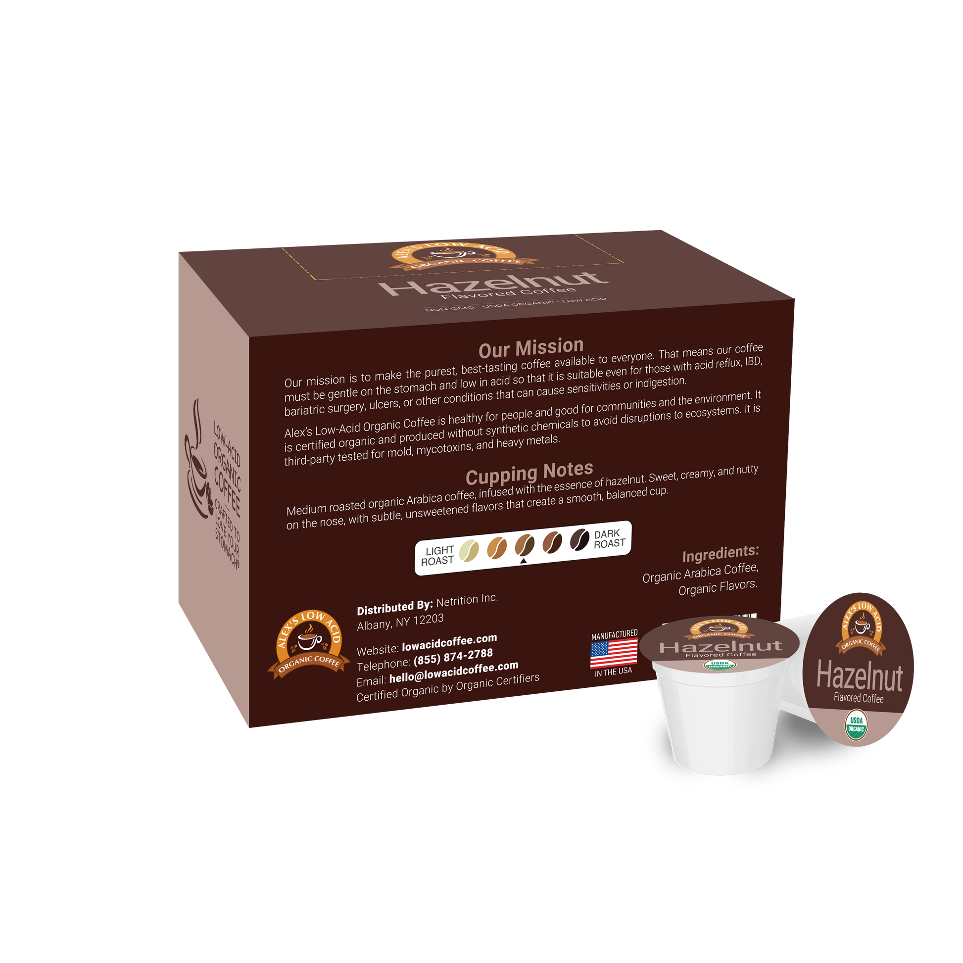A brown box of Alex's Low Acid Organic Coffee™ Hazelnut single serve cups by Alex's Low-Acid Organic Coffee, with a coffee pod and lid in front. The box shows product info, origin, heartburn relief benefits, ingredients, and tasting notes.