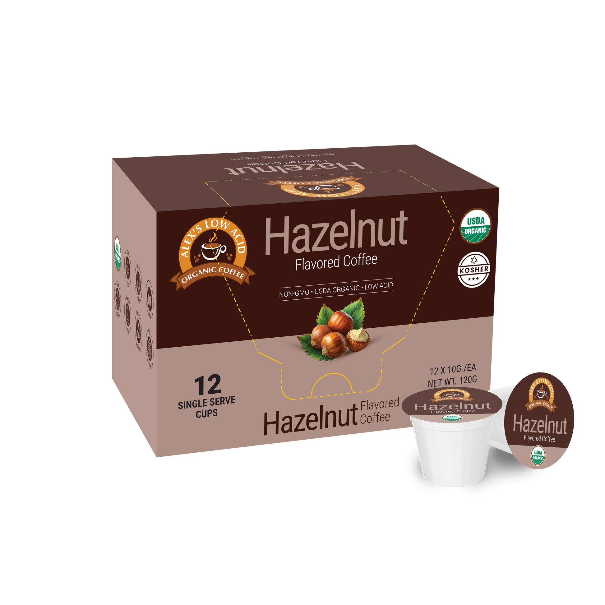 A box of Alex's Low Acid Organic Coffee™ Single Serve Flavored Cups - Hazelnut displays hazelnut imagery and organic and kosher certifications, with a heartburn-friendly, low acid pod from Alex's Low-Acid Organic Coffee placed in front.