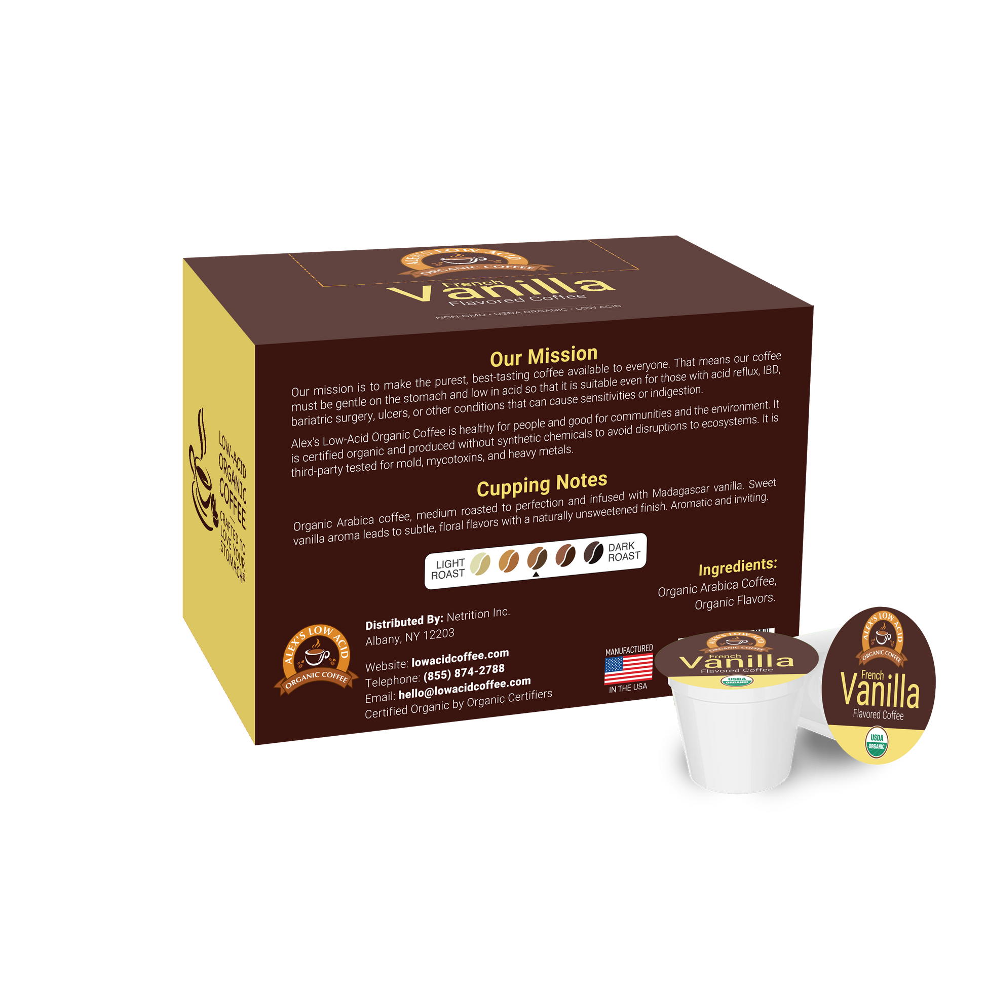 A brown and yellow box of Alex's Low Acid Organic Coffee™ Single Serve Flavored Cups - Vanilla from Alex's Low-Acid Organic Coffee, featuring product details, mission statement, cupping notes, contact info, and a heartburn-friendly pod image.