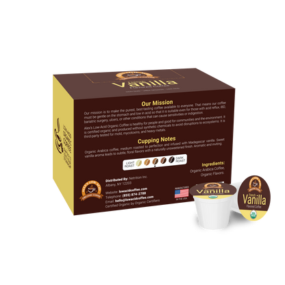 A brown and yellow box of Alex's Low Acid Organic Coffee™ Single Serve Flavored Cups - Vanilla from Alex's Low-Acid Organic Coffee, featuring product details, mission statement, cupping notes, contact info, and a heartburn-friendly pod image.