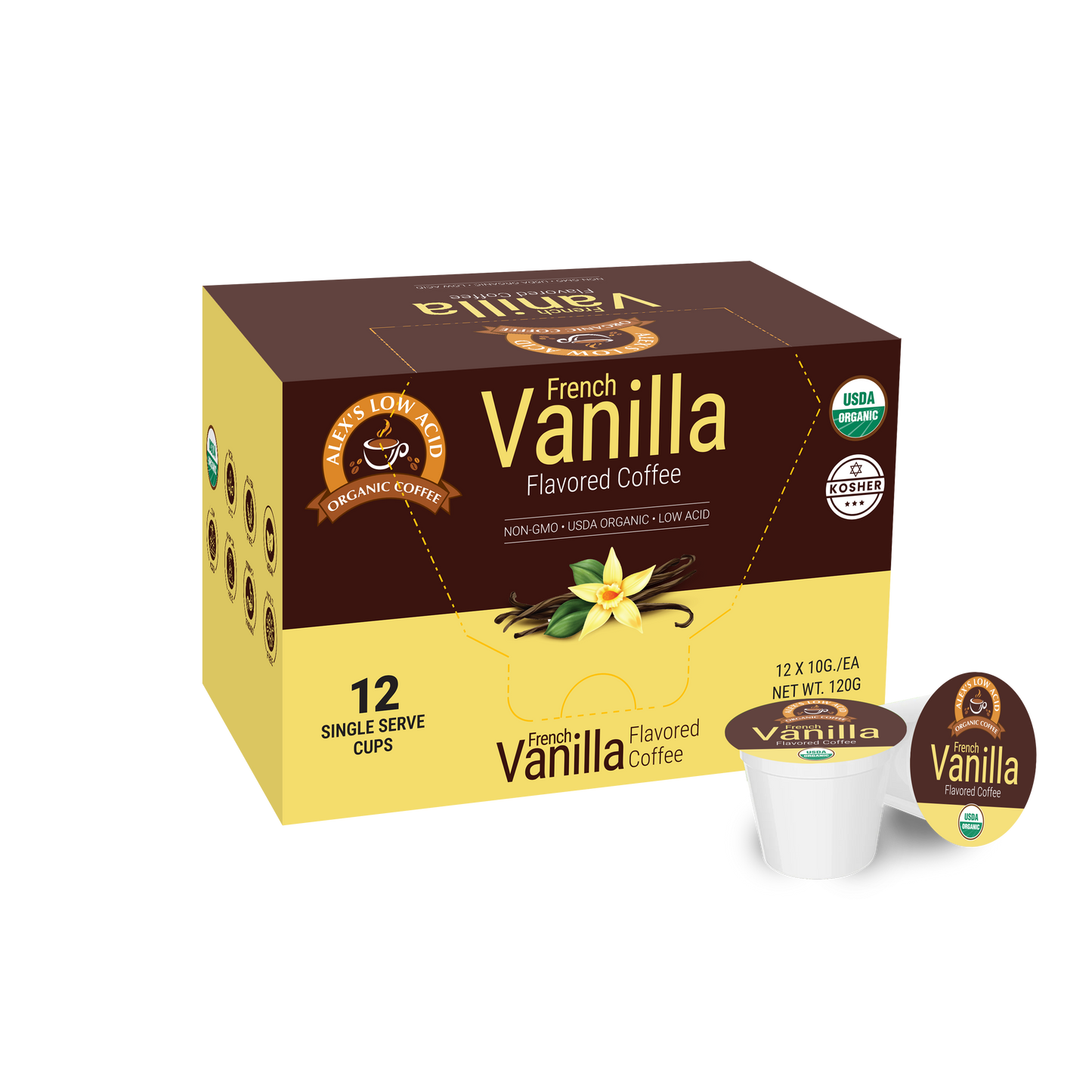 A yellow and brown box of Alex's Low Acid Organic Coffee™ Single Serve Flavored Cups - Vanilla (12 count) features “Organic Coffee,” certification logos, vanilla flower artwork, and a pod. This coffee is heartburn friendly and low in acid.