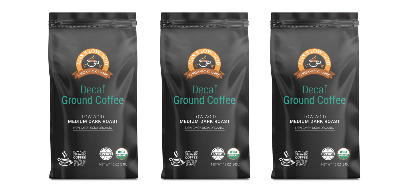 Three black bags of Alex's Low-Acid Organic Coffee™ - Decaf Fresh Ground (12oz) by Alex's Low Acid Coffee are displayed side by side on a white background—ideal low-acid coffee for heartburn relief.