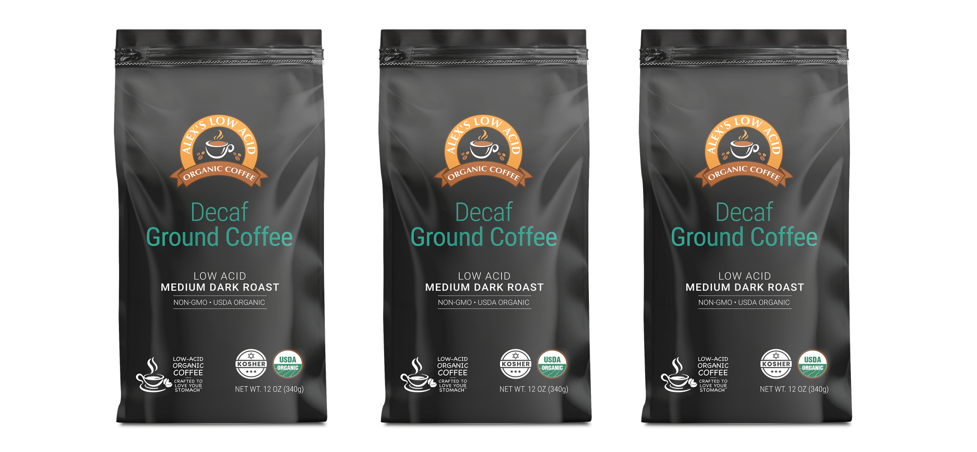 Three black bags of Alex's Low-Acid Organic Coffee™ - Decaf Fresh Ground (12oz) by Alex's Low Acid Coffee are displayed side by side on a white background—ideal low-acid coffee for heartburn relief.