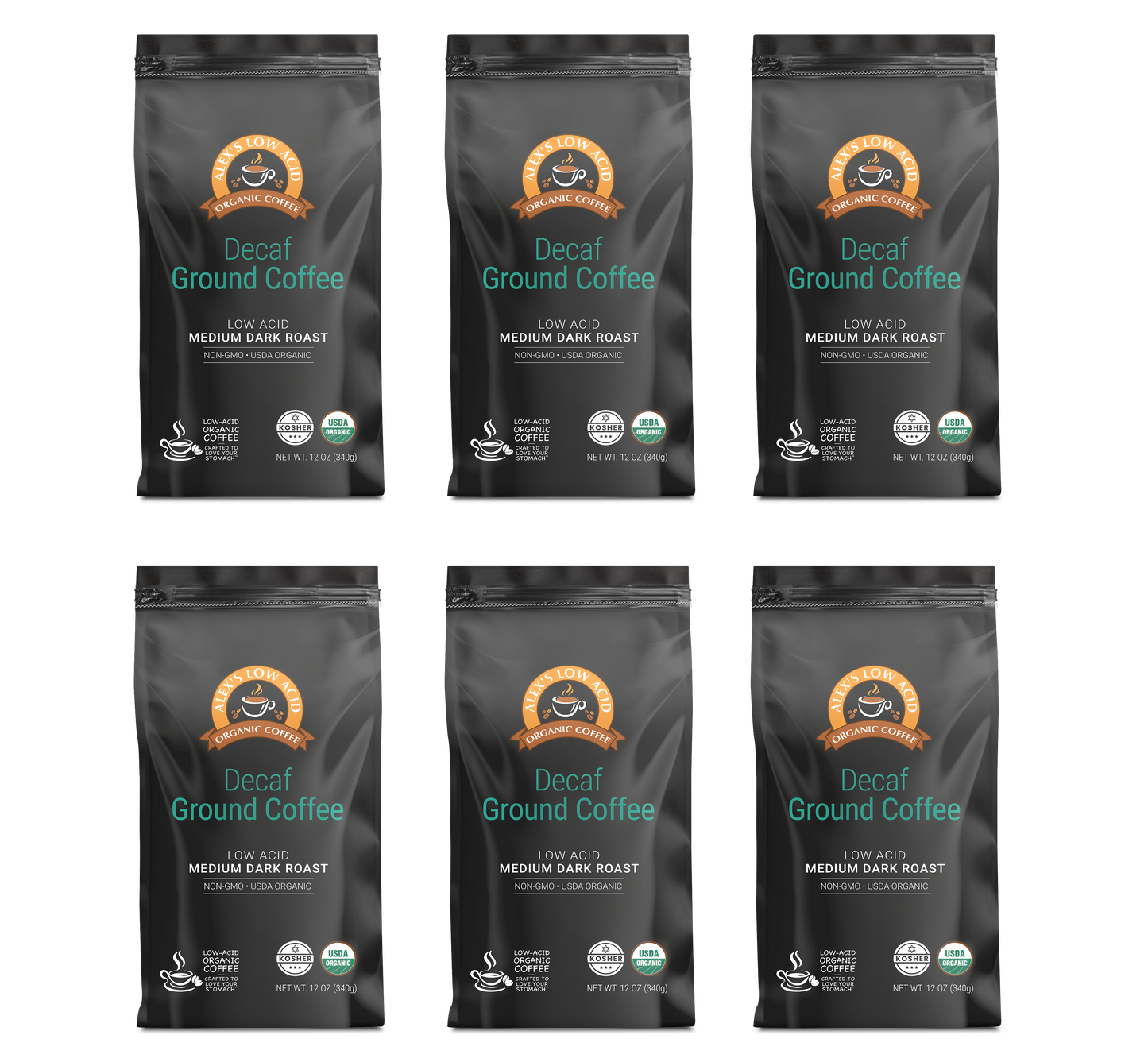 Six bags of Alex's Low Acid Coffee—Alex's Low-Acid Organic Coffee™ Decaf Fresh Ground (12oz), Medium Dark Roast, labeled "Low Acid" with orange and teal accents—arranged in two rows of three for gentle, heartburn-friendly coffee enjoyment.