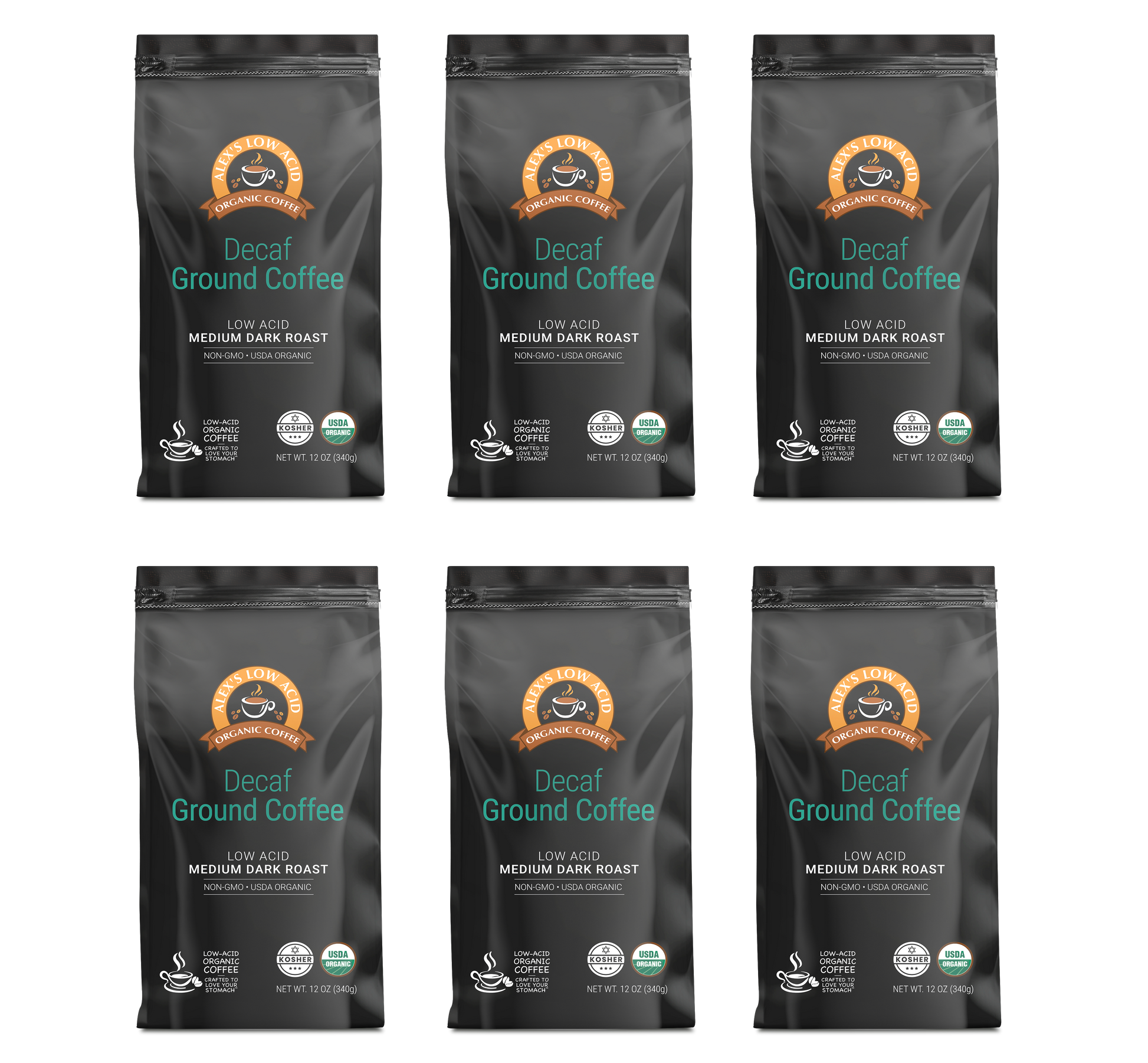 Six bags of Alex's Low Acid Coffee—Alex's Low-Acid Organic Coffee™ Decaf Fresh Ground (12oz), Medium Dark Roast, labeled "Low Acid" with orange and teal accents—arranged in two rows of three for gentle, heartburn-friendly coffee enjoyment.