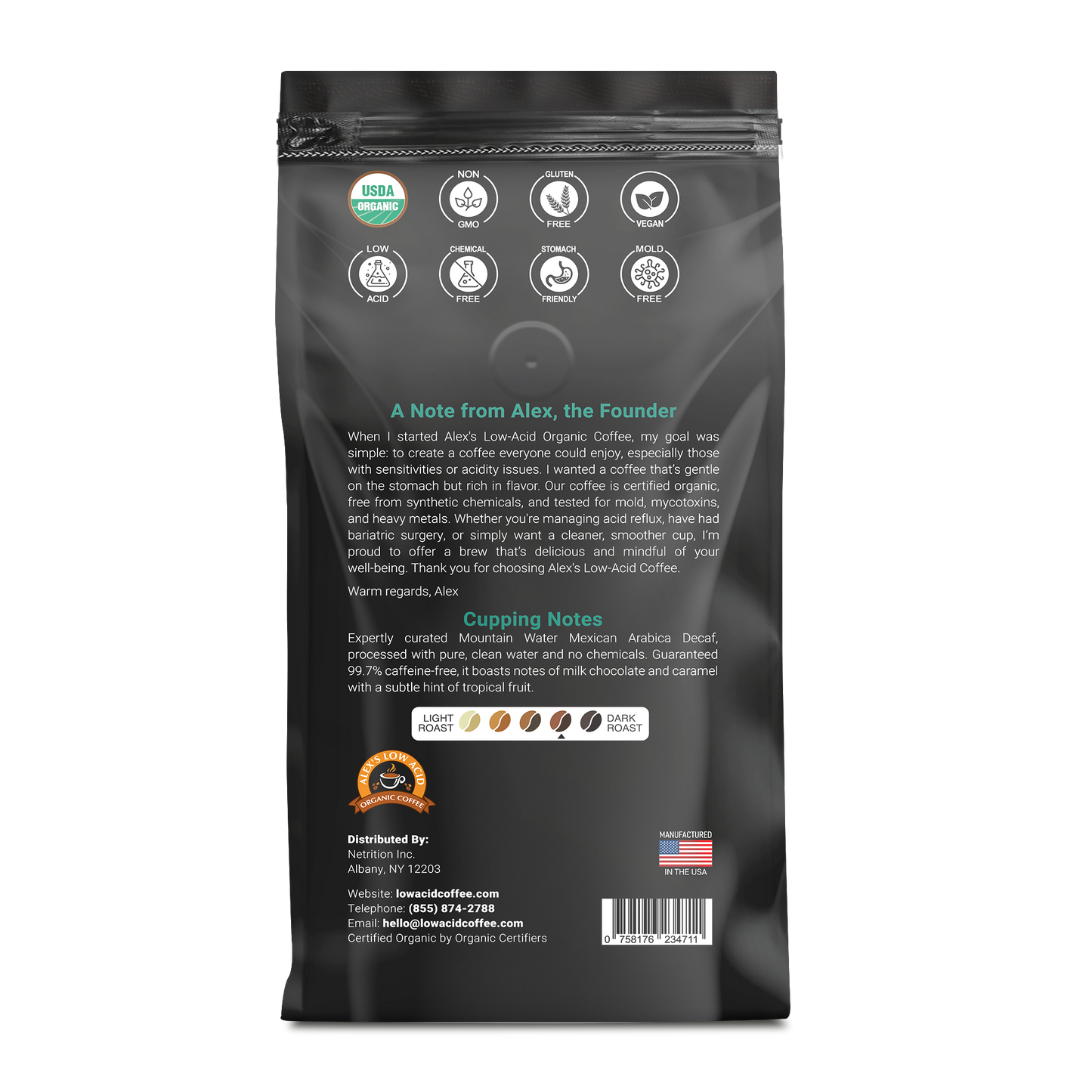 Alex's Low Acid Coffee™ offers a 12oz black bag of Decaf Fresh Ground, heartburn-friendly and organic—perfect for those seeking a smoother, gentler brew.