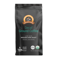 A 12oz black bag of Alex's Low-Acid Organic Coffee™ - Decaf Fresh Ground by Alex's Low Acid Coffee, USDA Organic, Non-GMO, Kosher, and gentle on sensitive stomachs. Features white and teal text.