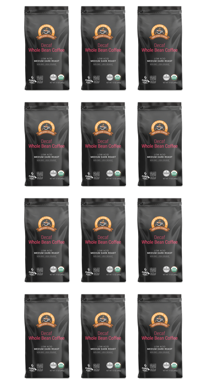 Twelve bags of Alex's Low-Acid Organic Coffee™ - Decaf Whole Bean (12oz) by Alex's Low Acid Coffee, providing heartburn relief and low acid benefits, arranged in a 4x3 grid. Packaging displays orange/white text and certification logos.