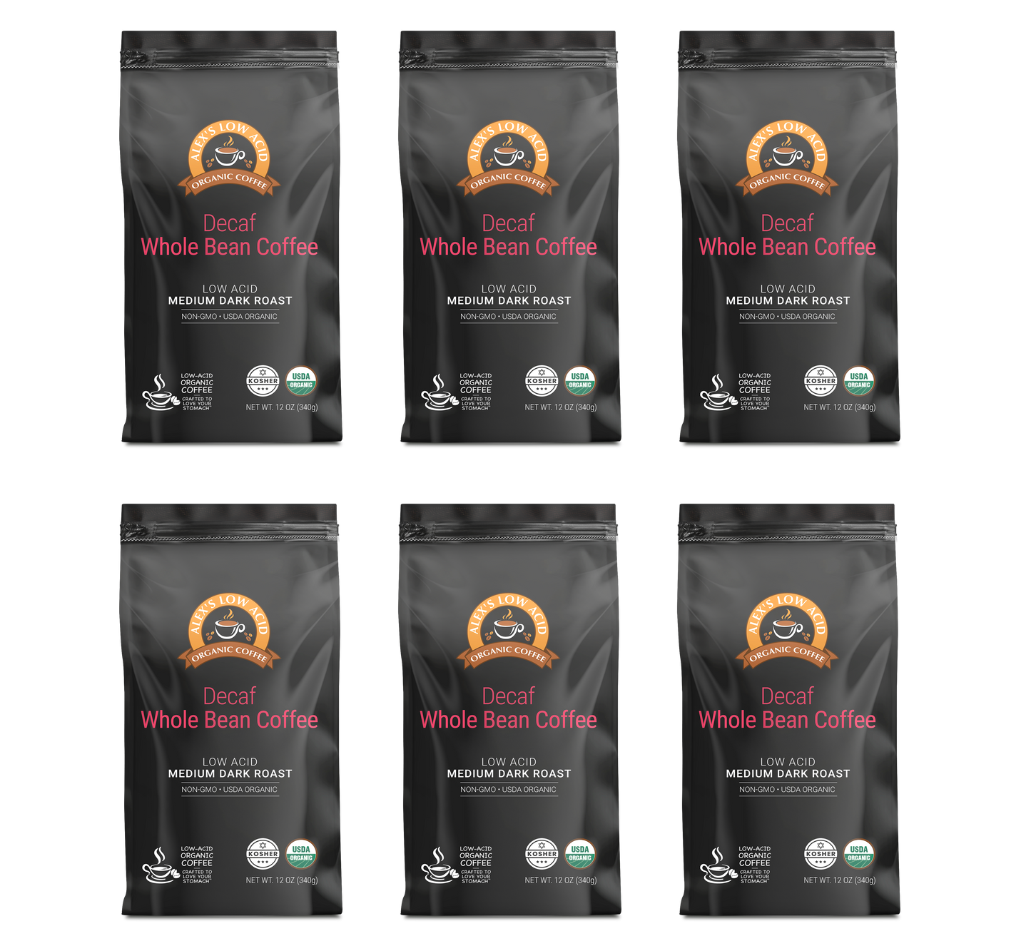Six black bags of Alex's Low-Acid Organic Coffee™ - Decaf Whole Bean (12oz) by Alex's Low Acid Coffee are shown in two rows, each with an orange and brown label highlighting low acid for heartburn relief and a medium dark roast.