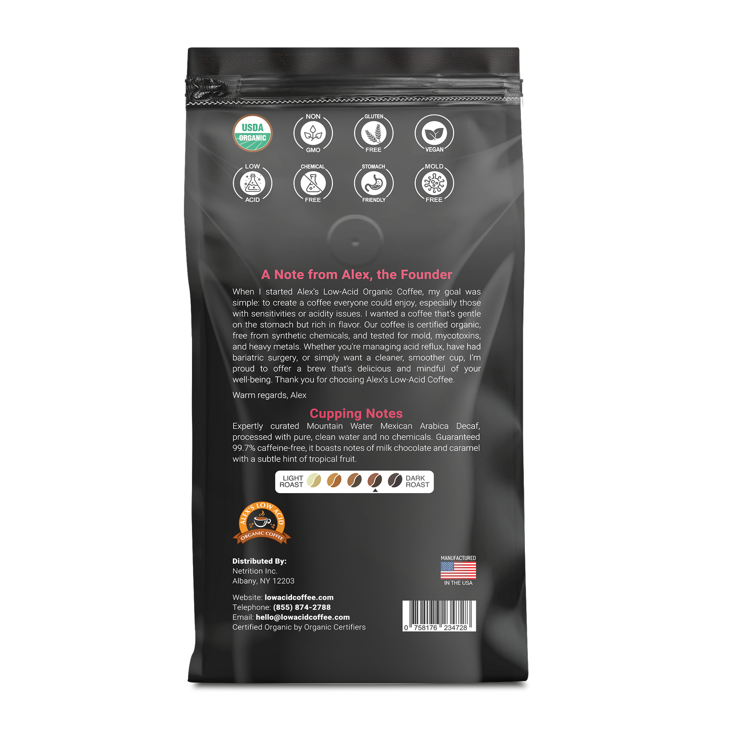 Back of Alex's Low-Acid Organic Coffee™ Decaf Whole Bean (12oz) bag by Alex's Low Acid Coffee shows certification icons, founder’s note, smooth low-acid coffee for heartburn relief, roast level scale, barcode, contact info, and Made in USA label.