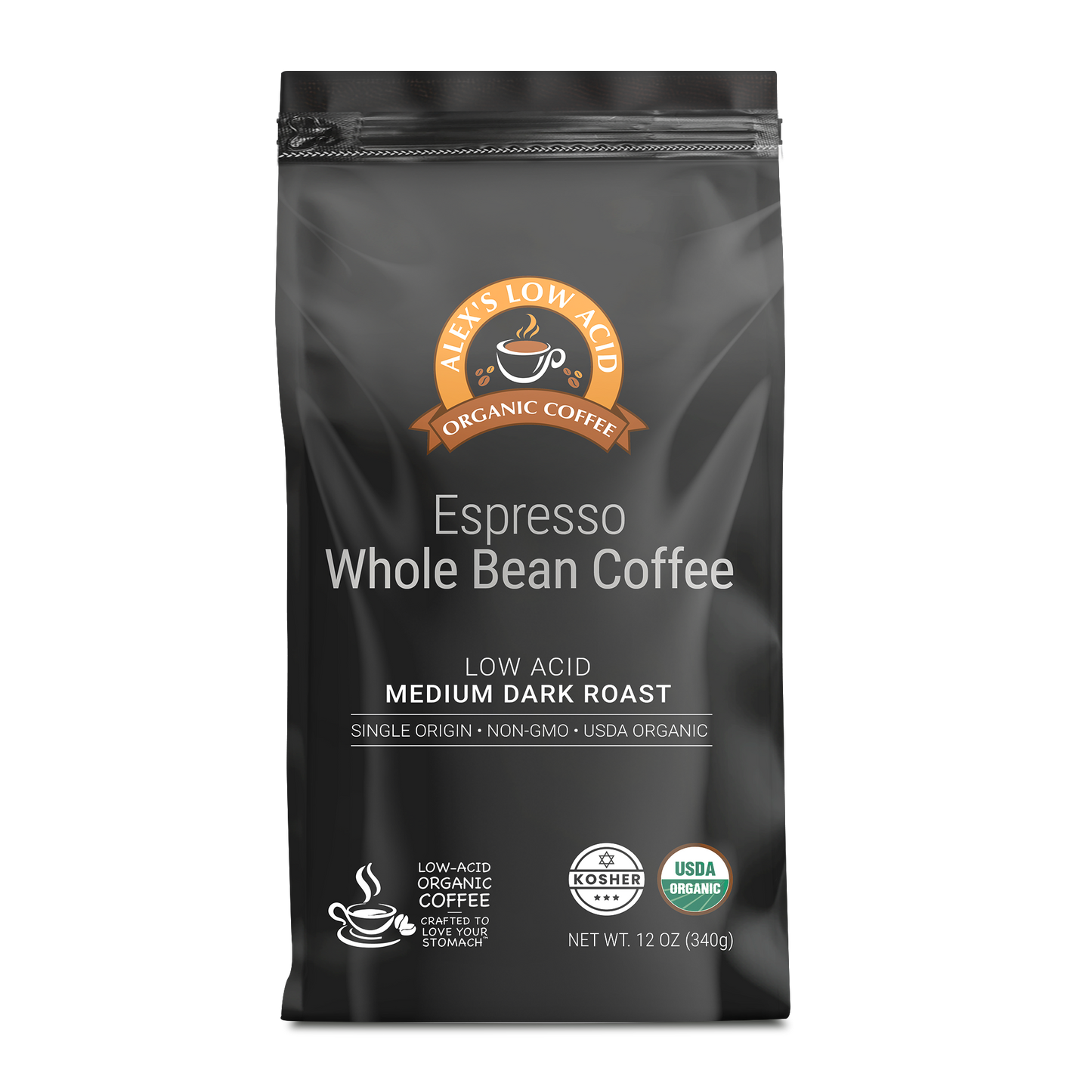 A 12oz bag of Alex's Low Acid Organic Coffee™ - Espresso Whole Bean by Alex's Low Acid Coffee, featuring Medium Dark Roast, USDA Organic and Kosher certifications.