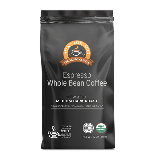 A 12oz bag of Alex's Low Acid Organic Coffee™ - Espresso Whole Bean by Alex's Low Acid Coffee, featuring Medium Dark Roast, USDA Organic and Kosher certifications.