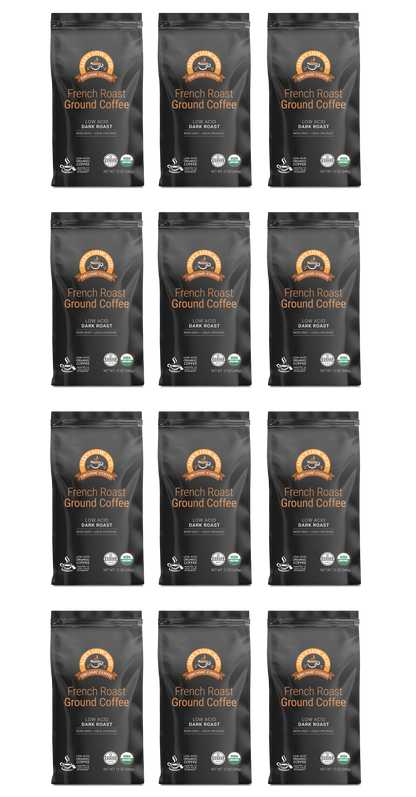 Twelve bags of Alex's Low-Acid Organic Coffee™ - French Roast Fresh Ground (12oz) by Alex's Low Acid Coffee are arranged in a 3x4 grid. Each black bag features a brown logo, white text, and green certification labels. Enjoy a smooth, rich, low-acid brew.