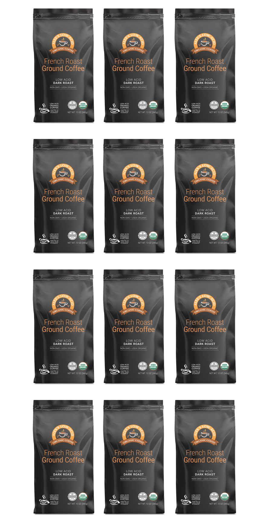 Twelve bags of Alex's Low-Acid Organic Coffee™ - French Roast Fresh Ground (12oz) by Alex's Low Acid Coffee are arranged in a 3x4 grid. Each black bag features a brown logo, white text, and green certification labels. Enjoy a smooth, rich, low-acid brew.