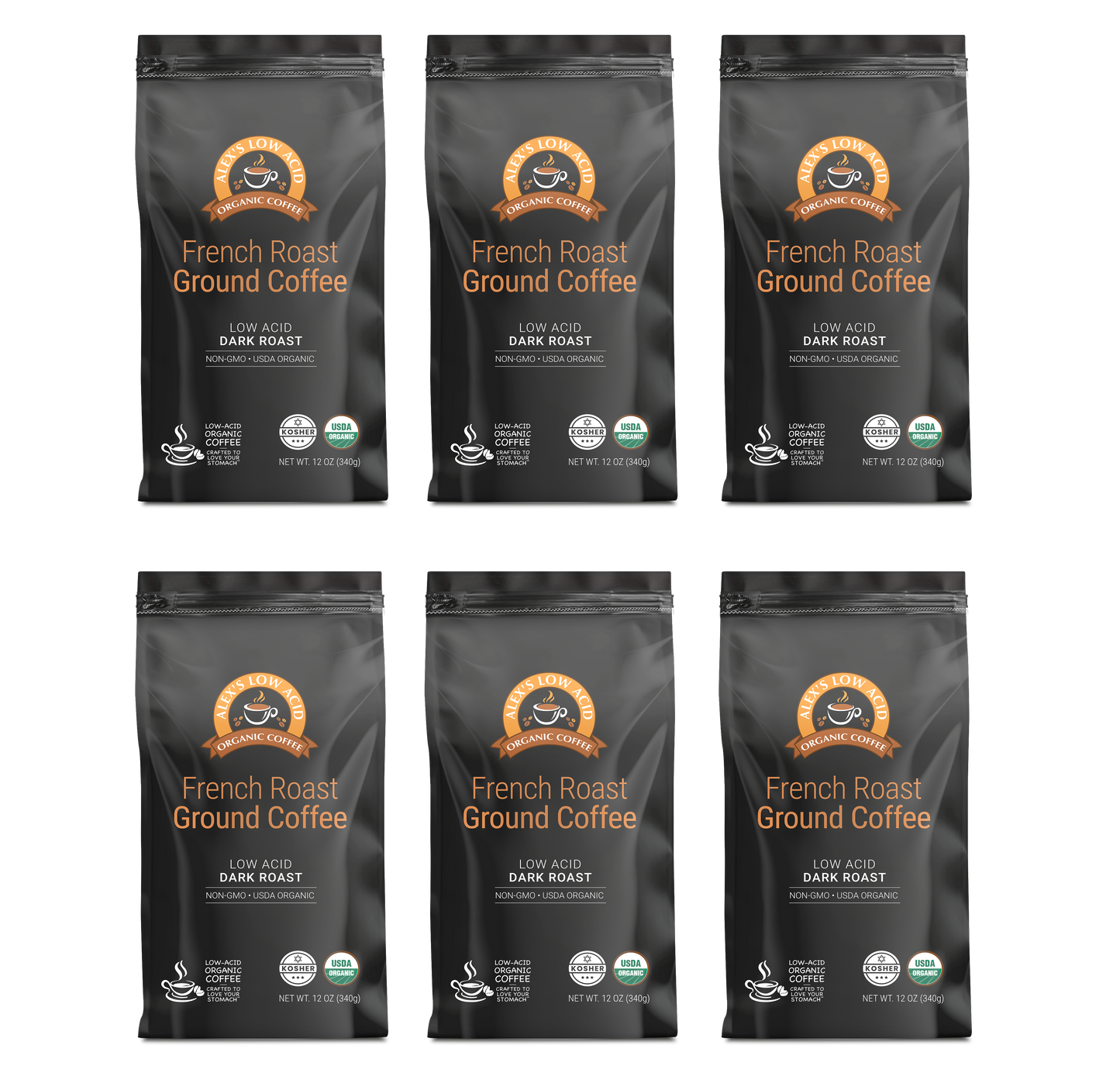Six bags of Alex's Low-Acid Organic Coffee™ - French Roast Fresh Ground (12oz) by Alex's Low Acid Coffee are arranged in two rows of three. Each black bag is labeled low acid, dark roast, and has a circular orange logo at the top.