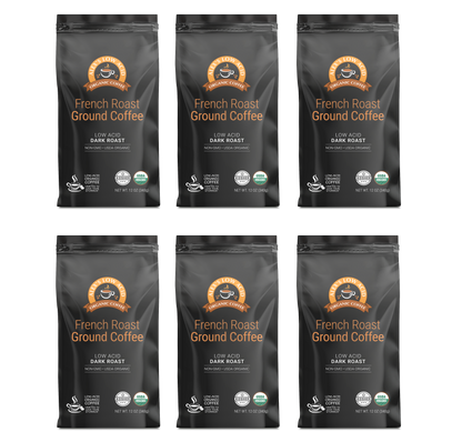Six bags of Alex's Low-Acid Organic Coffee™ - French Roast Fresh Ground (12oz) by Alex's Low Acid Coffee are arranged in two rows of three. Each black bag is labeled low acid, dark roast, and has a circular orange logo at the top.