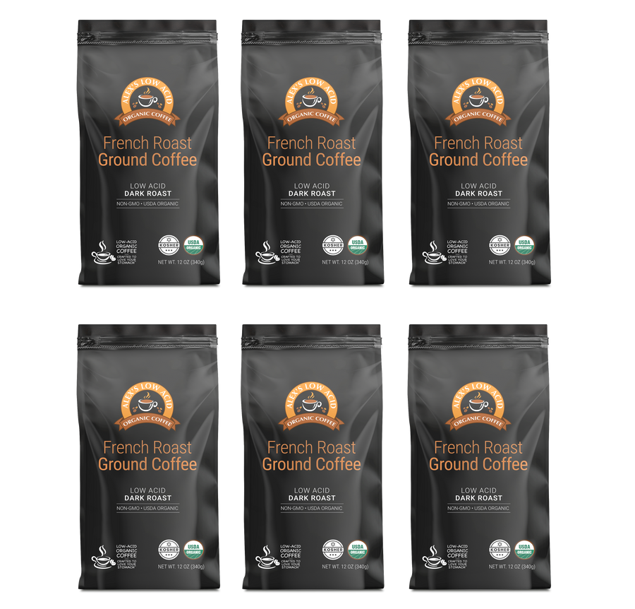 Six bags of Alex's Low-Acid Organic Coffee™ - French Roast Fresh Ground (12oz) by Alex's Low Acid Coffee are arranged in two rows of three. Each black bag is labeled low acid, dark roast, and has a circular orange logo at the top.