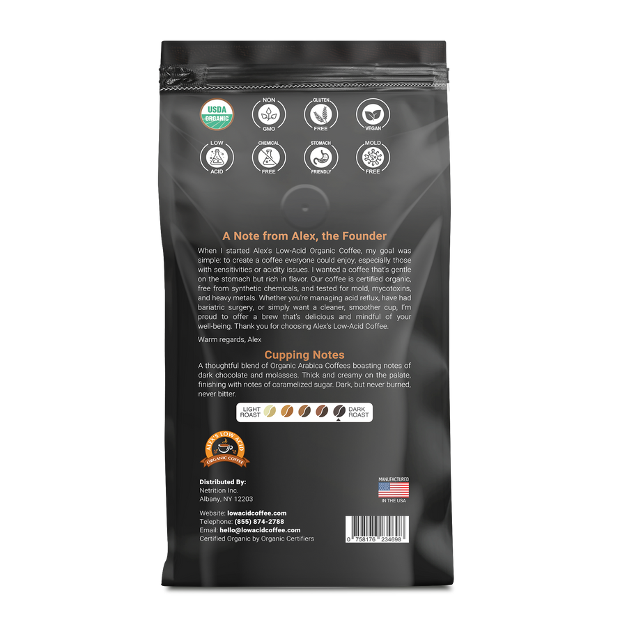 The back of a black 12oz bag of Alex's Low-Acid Organic Coffee™ - French Roast Fresh Ground by Alex's Low Acid Coffee displays certifications, icons, a founder’s note, flavor notes, contact info, and a barcode with white, tan, and orange accents.