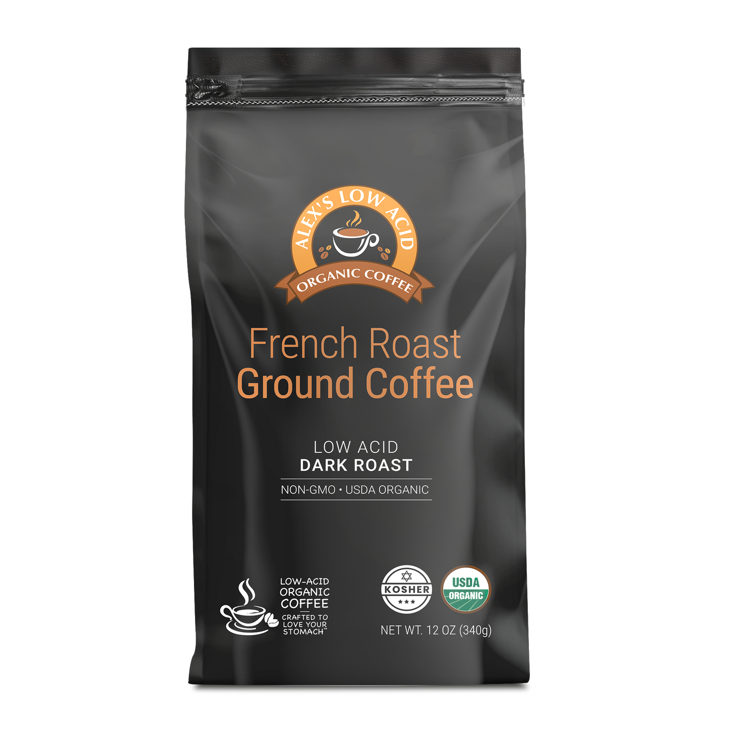 A black bag of Alex's Low-Acid Organic Coffee™ - French Roast Fresh Ground (12oz) from Alex's Low Acid Coffee, labeled organic, low acid, dark roast, non-GMO, USDA organic, kosher; net weight 12oz (340g), with certification icons visible.