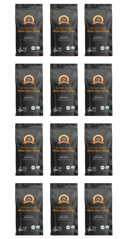 Twelve identical Alex's Low-Acid Organic Coffee™ – French Roast Whole Bean (12oz) bags from Alex's Low Acid Coffee are arranged in a 4x3 grid on a light background, each displaying organic and fair trade certification labels.