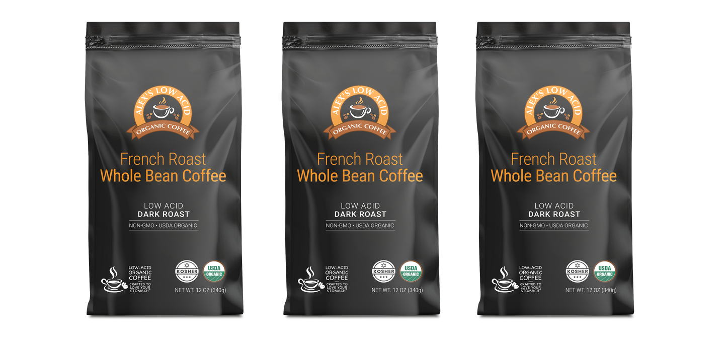 Three bags of Alex's Low-Acid Organic Coffee™ - French Roast Whole Bean (12oz) by Alex's Low Acid Coffee are shown side by side, featuring black packaging with orange, white text, coffee cup graphics, and heartburn relief certification logos.