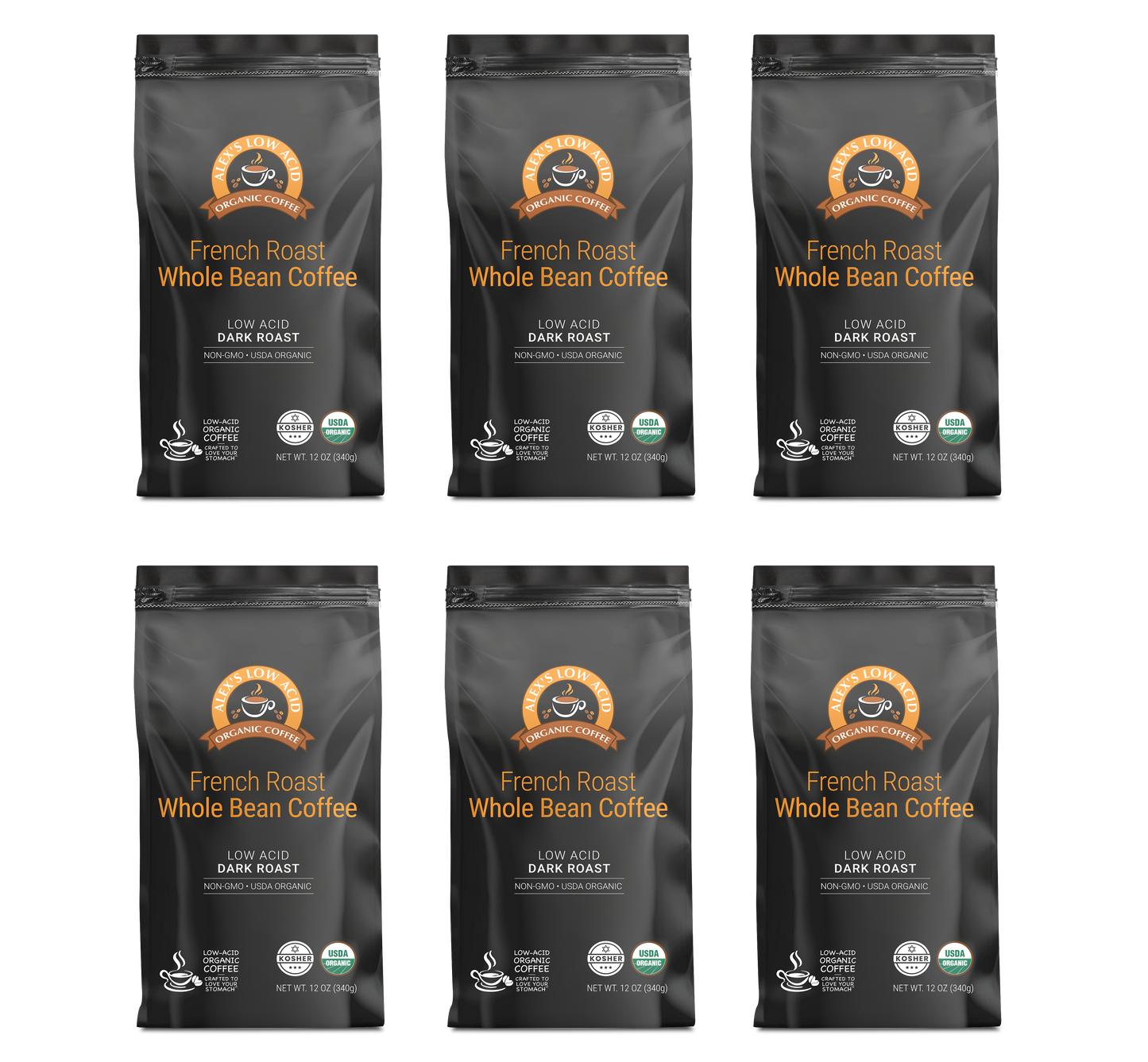 Six bags of Alex's Low-Acid Organic Coffee™ - French Roast Whole Bean (12oz) from Alex's Low Acid Coffee are arranged in two rows, featuring low acid, USDA Organic certification, heartburn relief benefits.