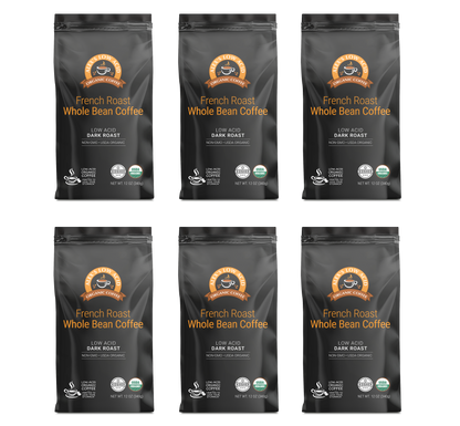 Six bags of Alex's Low-Acid Organic Coffee™ - French Roast Whole Bean (12oz) from Alex's Low Acid Coffee are arranged in two rows, featuring low acid, USDA Organic certification, heartburn relief benefits.