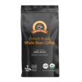 A 12oz black bag of Alex's Low-Acid Organic Coffee™ French Roast Whole Bean from Alex's Low Acid Coffee, labeled smooth low acid coffee, dark roast, non-GMO, USDA organic, kosher, with a cup of coffee icon.