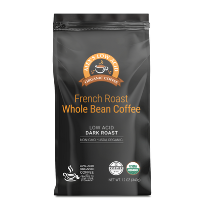 A 12oz black bag of Alex's Low-Acid Organic Coffee™ French Roast Whole Bean from Alex's Low Acid Coffee, labeled smooth low acid coffee, dark roast, non-GMO, USDA organic, kosher, with a cup of coffee icon.