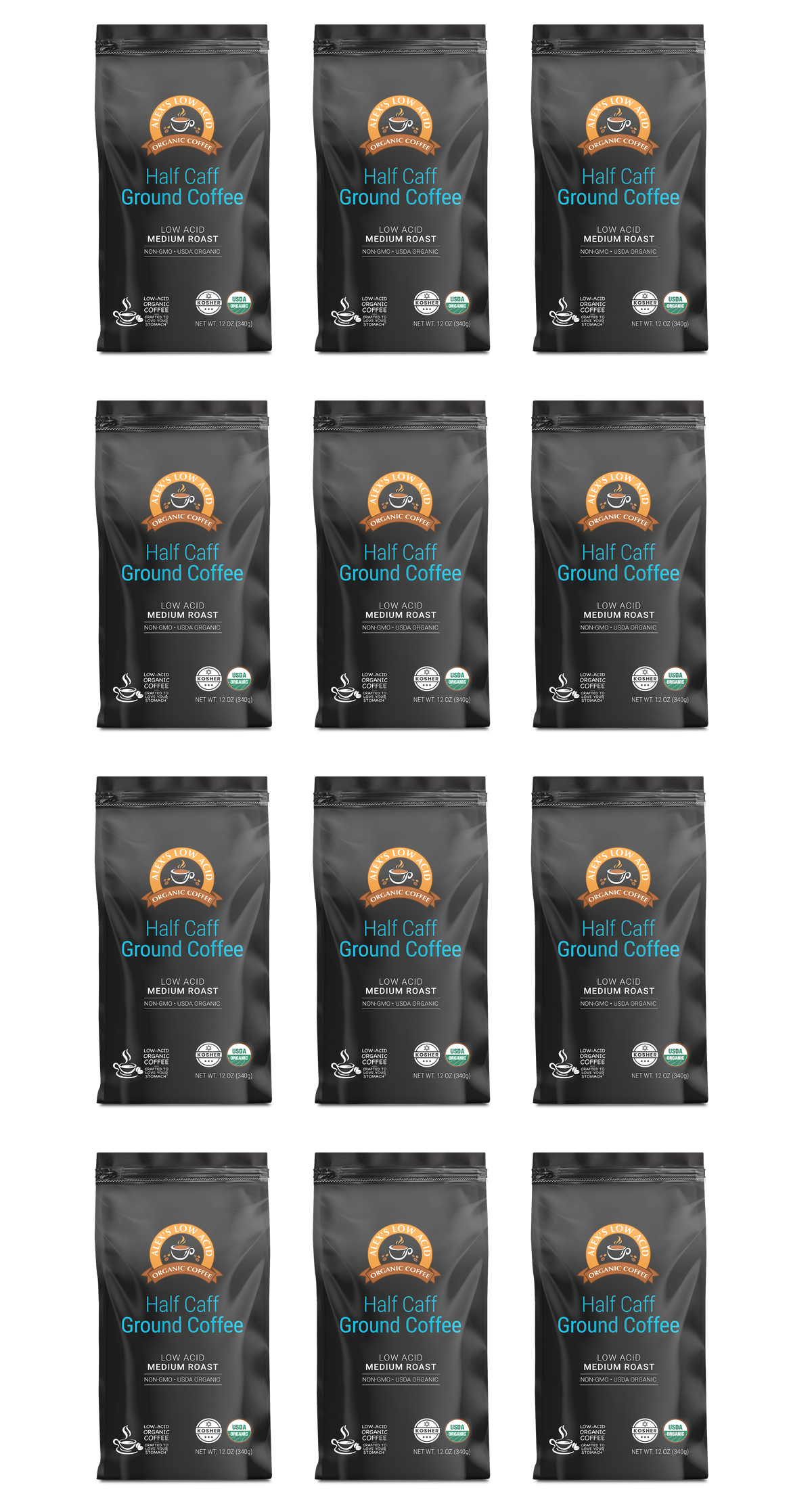 Alex's Low-Acid Organic Coffee™ - Half Caff Fresh Ground (12oz)