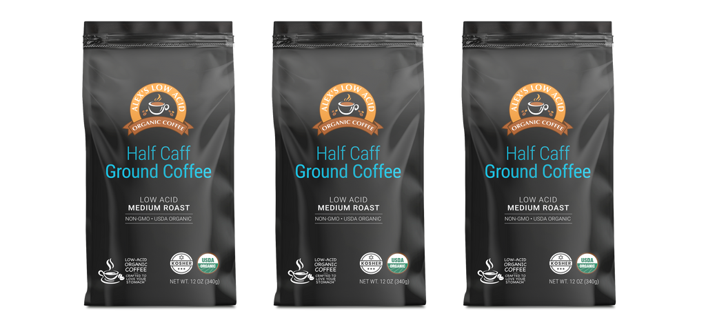 Alex's Low-Acid Organic Coffee™ - Half Caff Fresh Ground (12oz)