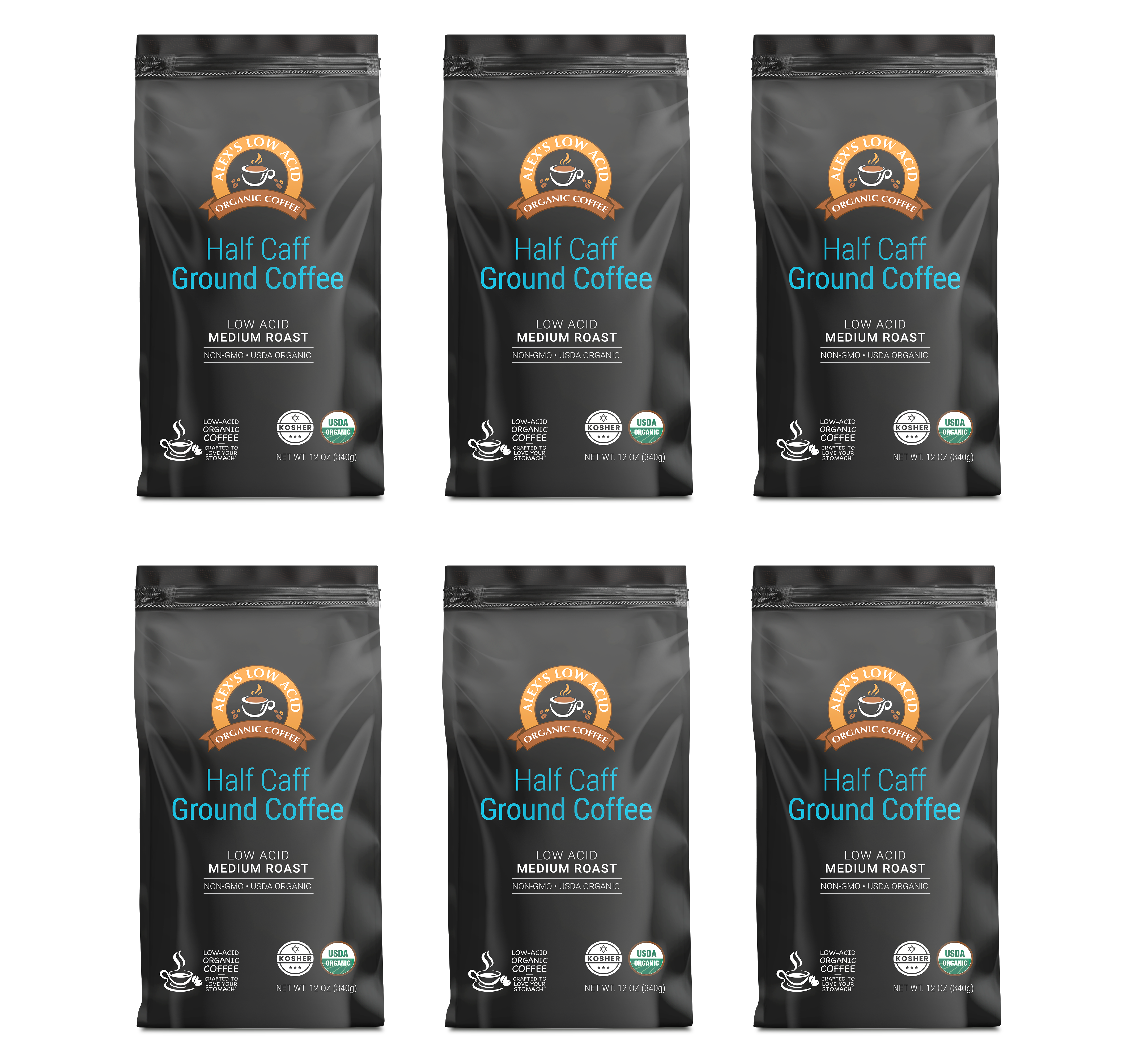 Alex's Low-Acid Organic Coffee™ - Half Caff Fresh Ground (12oz)