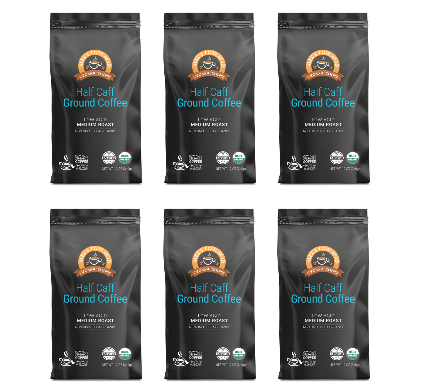 Six bags of Alex's Low-Acid Organic Coffee™ - Half Caff Fresh Ground (12oz) by Alex's Low Acid Coffee are arranged in two rows of three. Each sleek black bag is medium roast, non-GMO, organic, and features white and blue text.