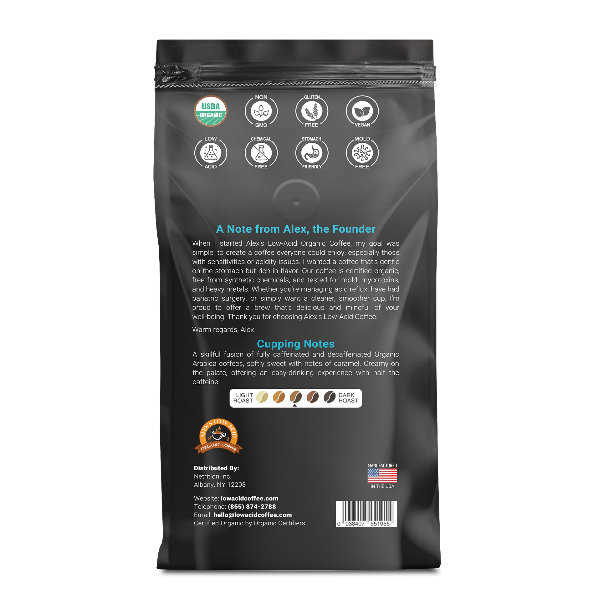 The back of an Alex's Low-Acid Organic Coffee™ - Half Caff Fresh Ground (12oz) bag features certification logos, a founders note, cupping notes, roast level icons, contact info for Alex's Low Acid Coffee, and a “Made in USA” mark on white.