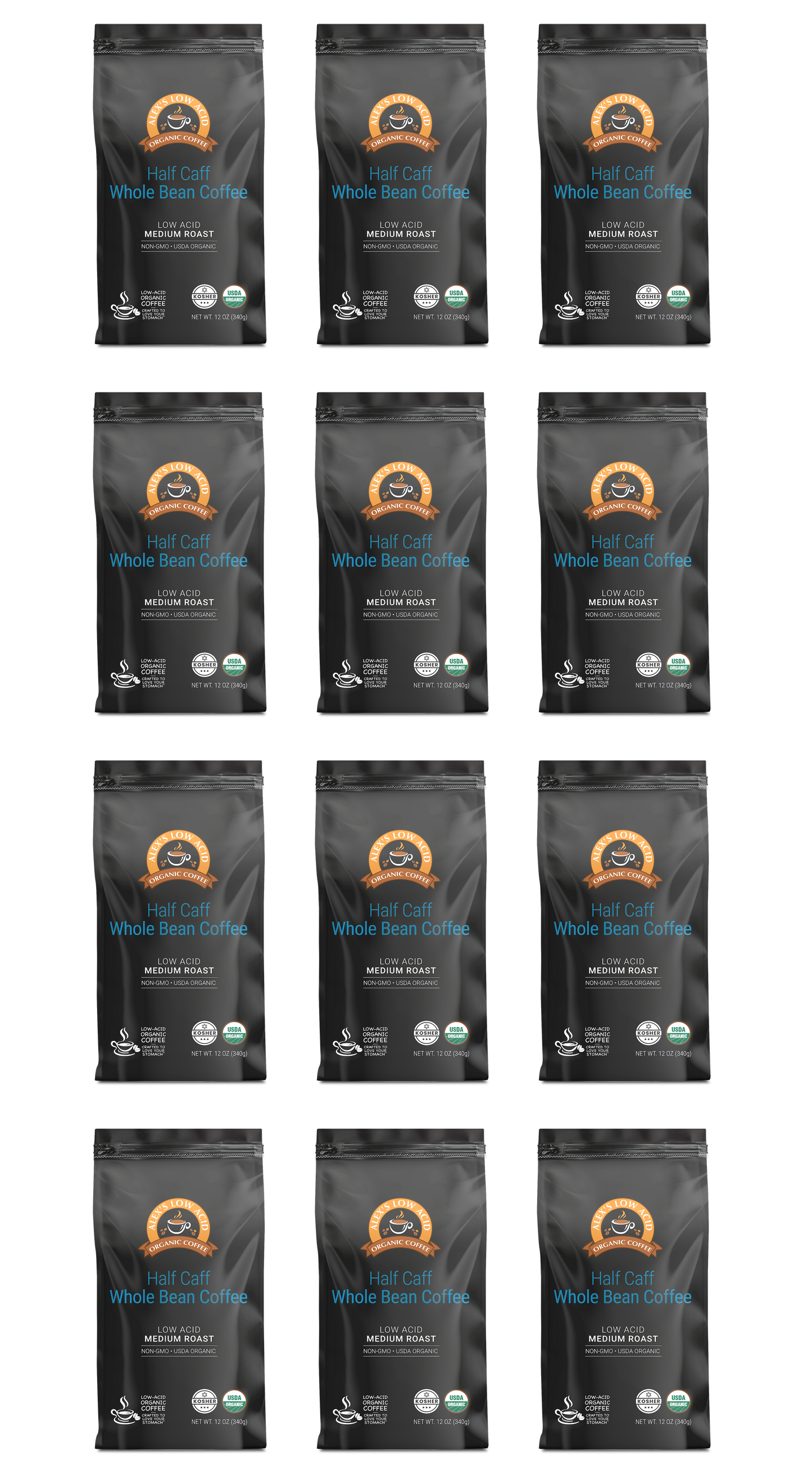Twelve identical bags of Alex's Low-Acid Organic Coffee™ - Half Caff Whole Bean (12oz) by Alex's Low Acid Coffee are arranged in a 4 by 3 grid on a light background. Each black bag shows the brand logo and certification labels.