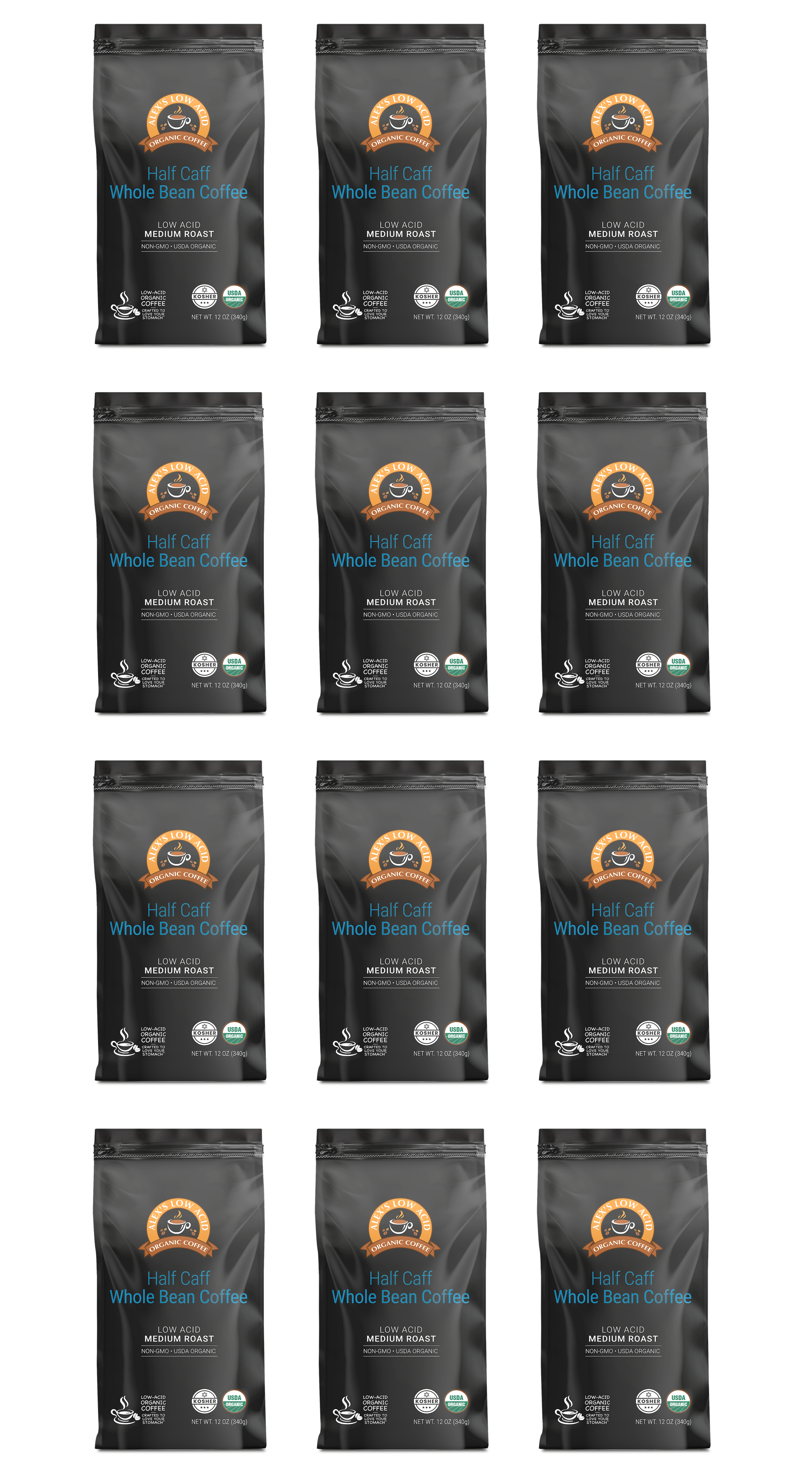 Twelve identical bags of Alex's Low-Acid Organic Coffee™ - Half Caff Whole Bean (12oz) by Alex's Low Acid Coffee are arranged in a 4 by 3 grid on a light background. Each black bag shows the brand logo and certification labels.